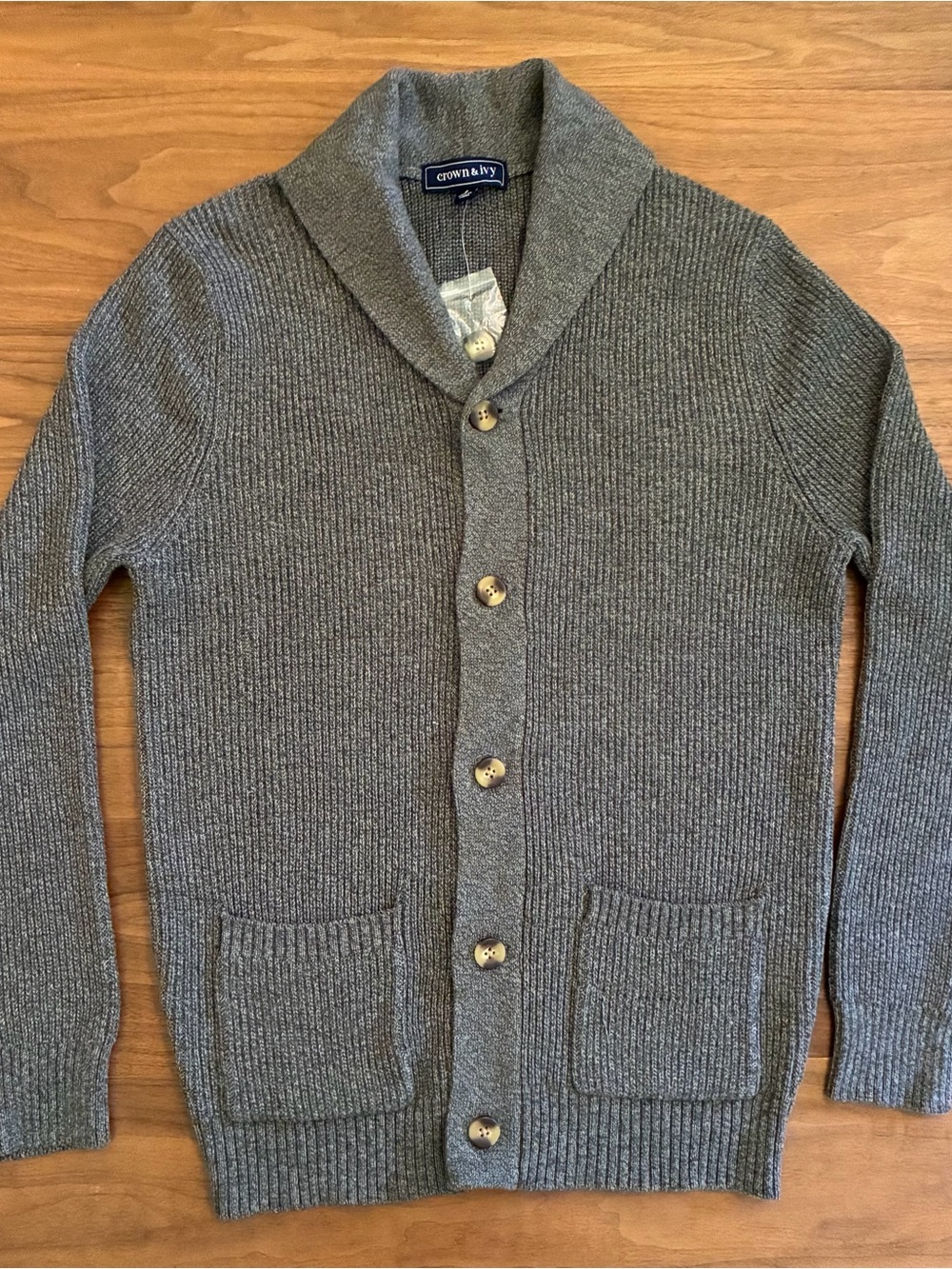 crown & ivy Men's Gray Shawl Collar Cardigan with Patch Pockets